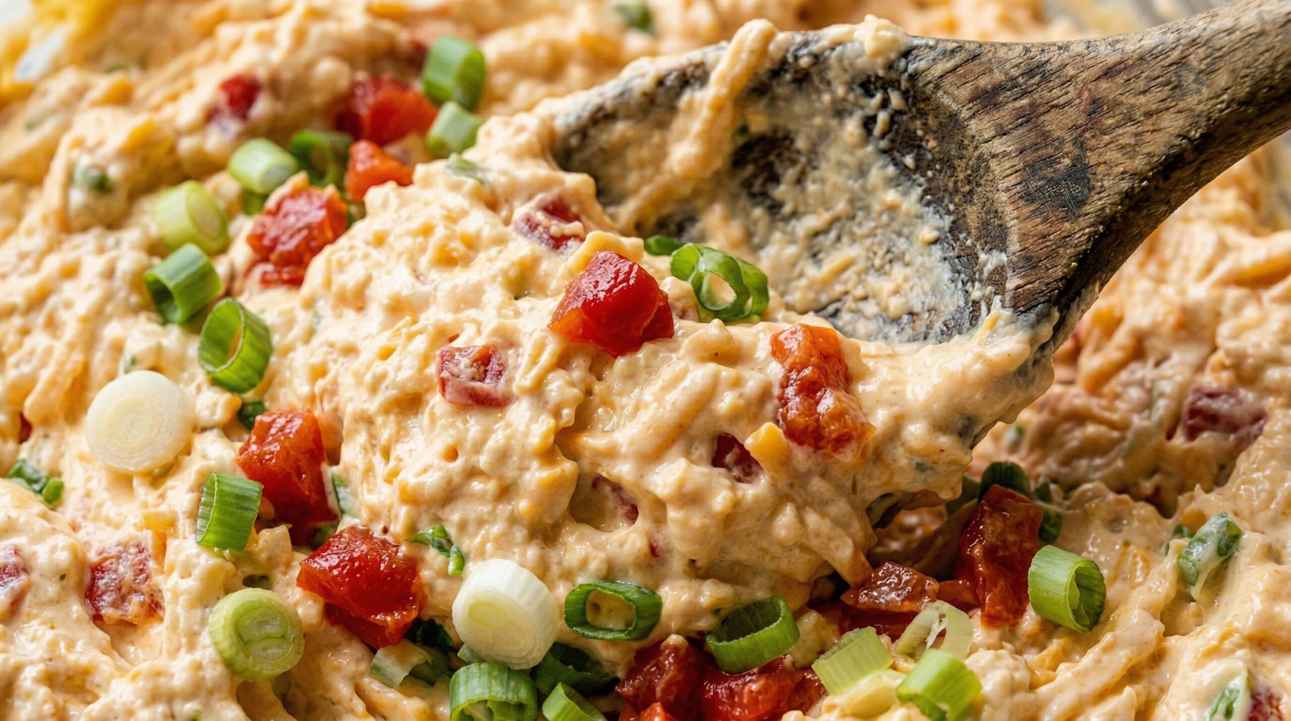 Diced pimentos and green onions being folded into a creamy cheese base