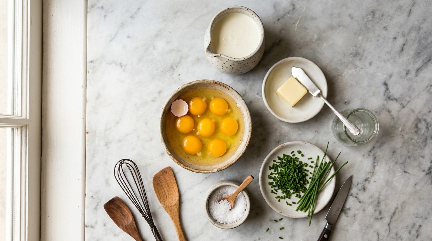 Eggs beaten with heavy cream in a glass bowl beside butter, sour cream, brioche, and chives
