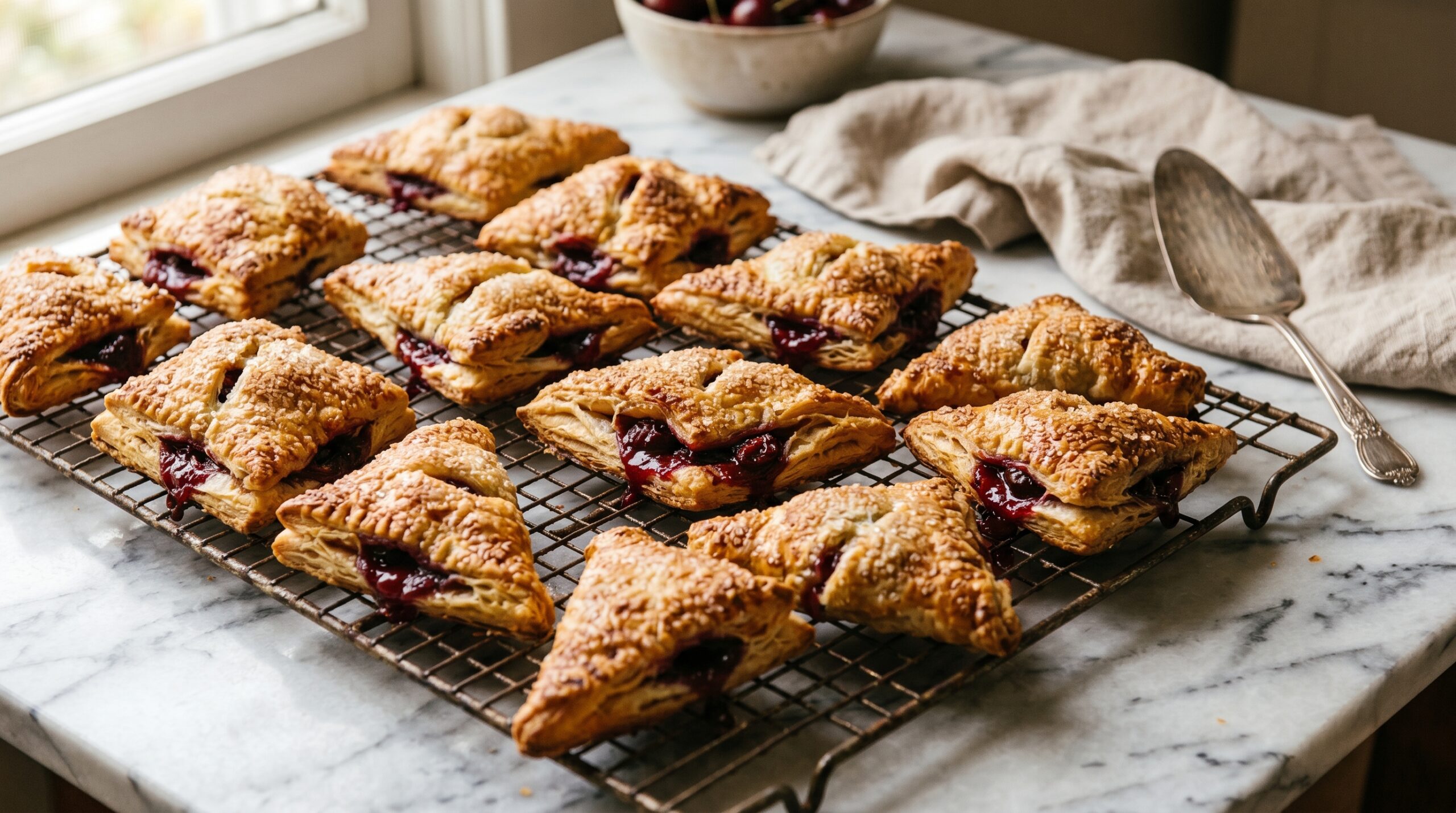 Stunning plated serving of Fresh Cherry Puff Pastry Tarts, a chef-tested recipe by Chef Jorj Morgan.