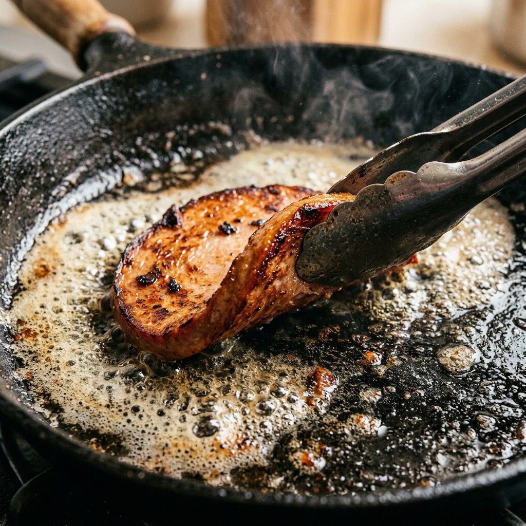 Extreme close-up action shot flipping a thick slice of sizzling bologna with dark crispy edges in a hot cast-iron skillet