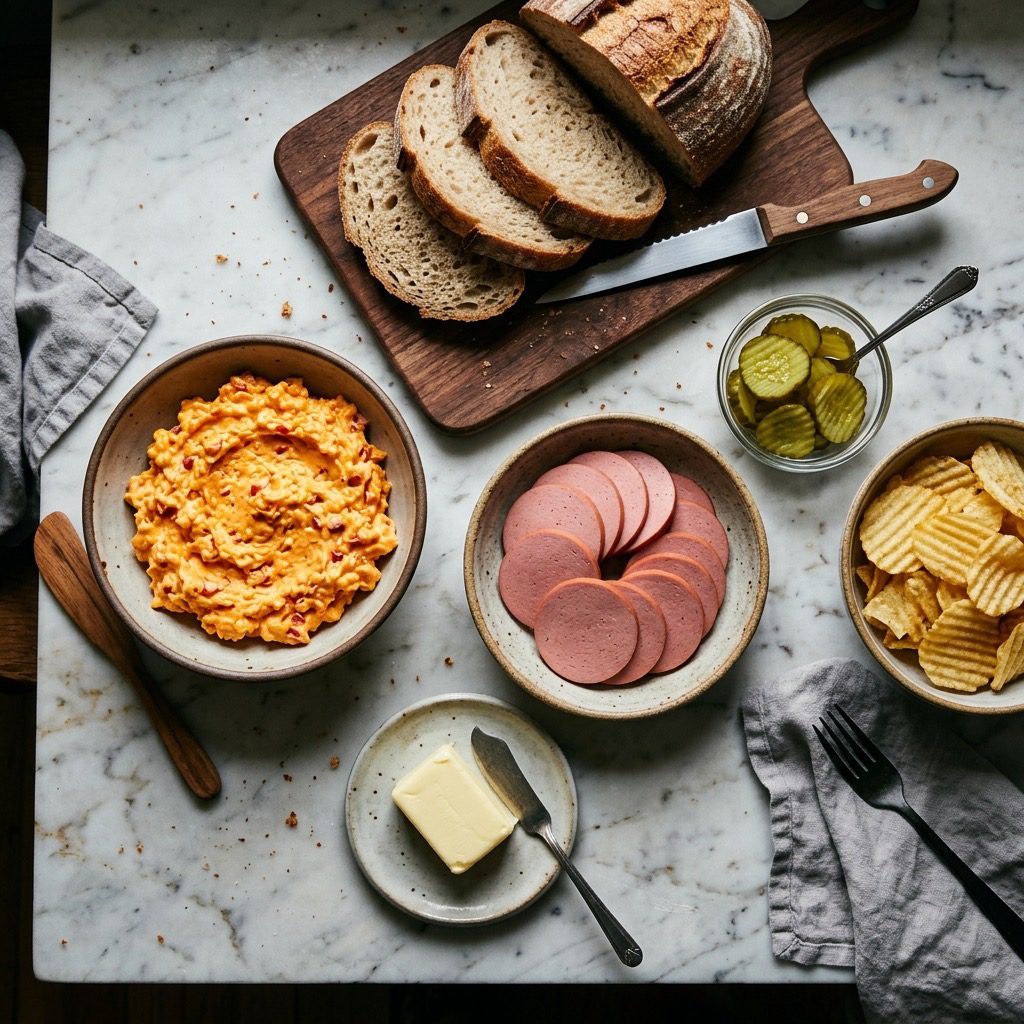 Overhead prep shot of artisan bread, pimento cheese, bologna slices, dill pickle chips, potato chips, and butter on marble