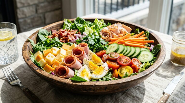 Stunning plated serving of Garden Harvest Chef’s Salad, a chef-tested recipe by Chef Jorj Morgan.