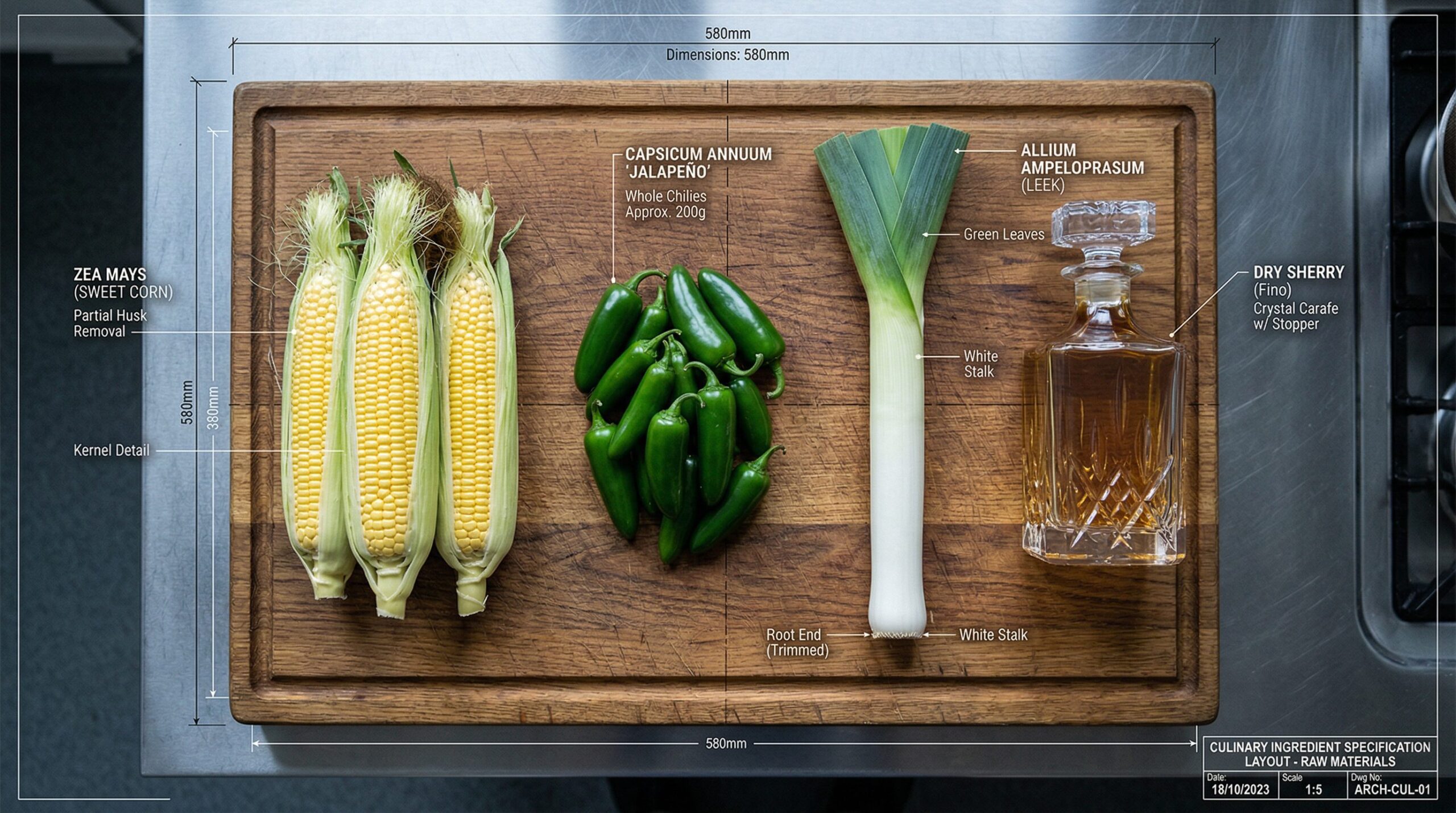 Fresh corn kernels, leek, onion, and jalapenos arranged for a corn bisque
