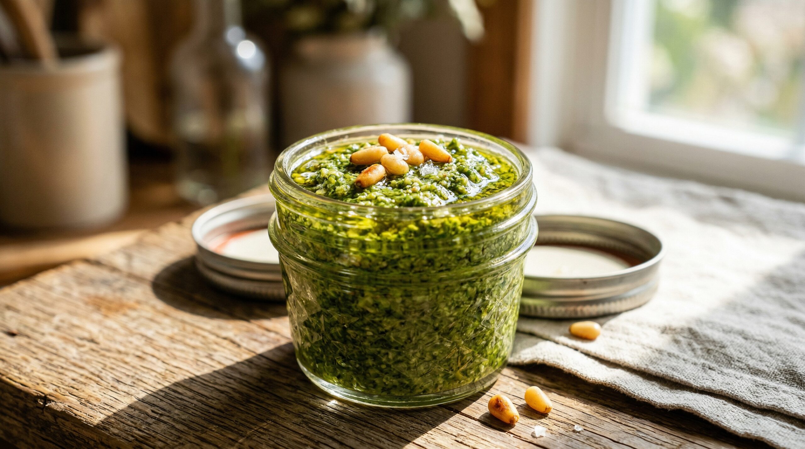 Stunning plated serving of Garlic Scape Pesto with Basil and Pine Nuts, a chef-tested recipe by Chef Jorj Morgan.