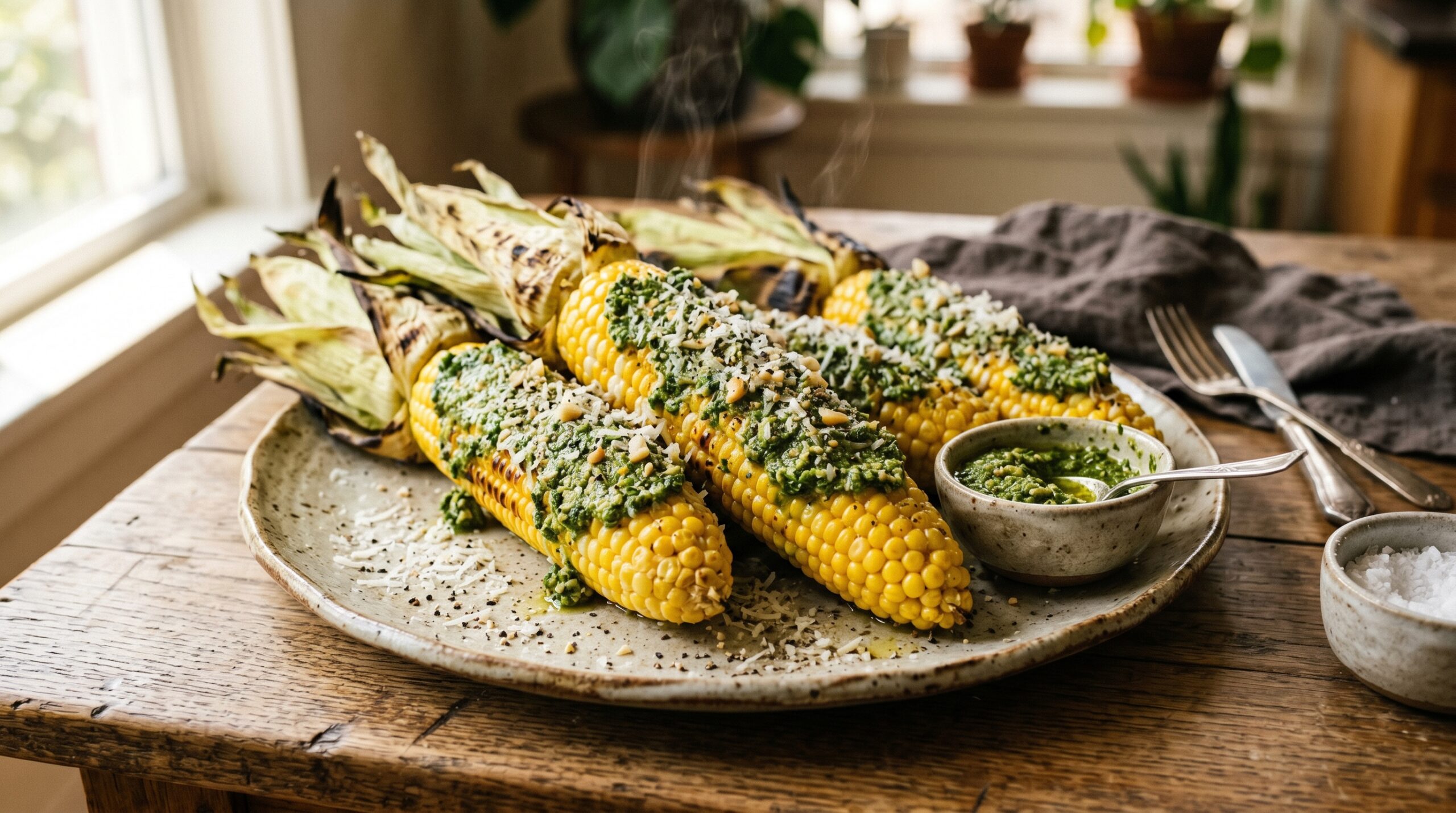 Stunning plated serving of Garlic Scape Pesto Sweet Corn, a chef-tested recipe by Chef Jorj Morgan.