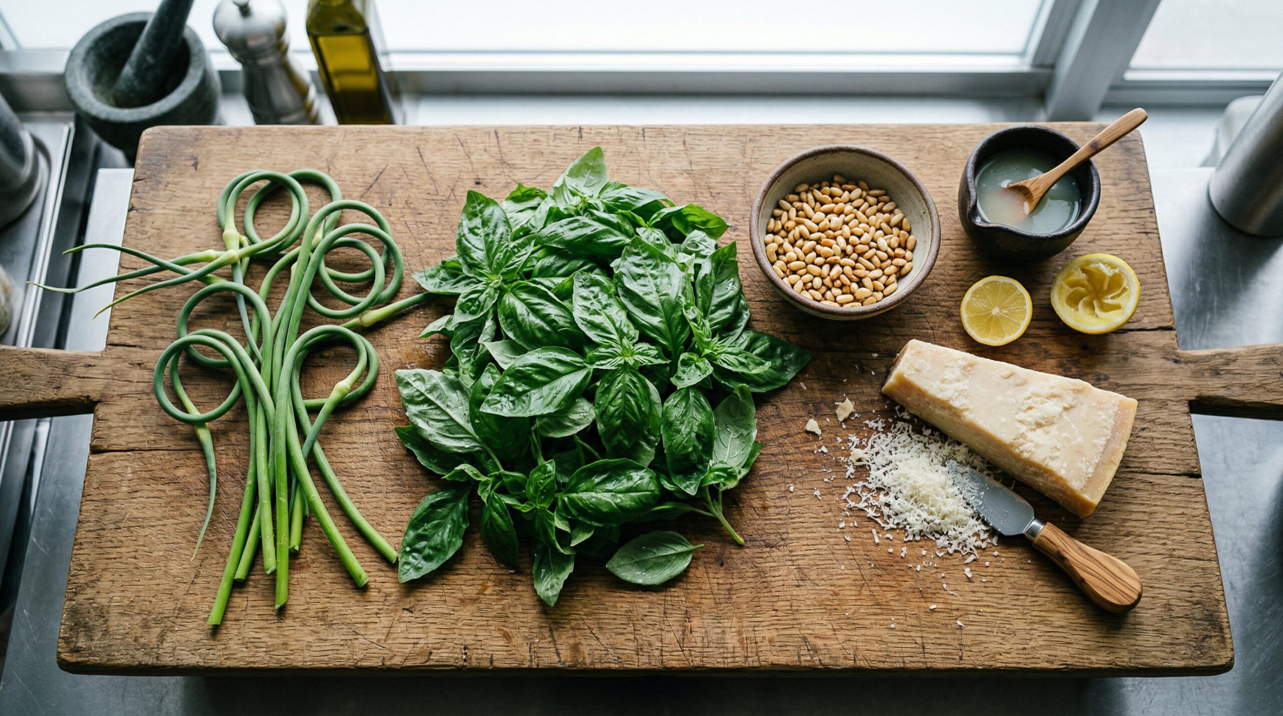 Garlic scapes, basil, cilantro, toasted pine nuts, and Parmesan arranged to make pesto