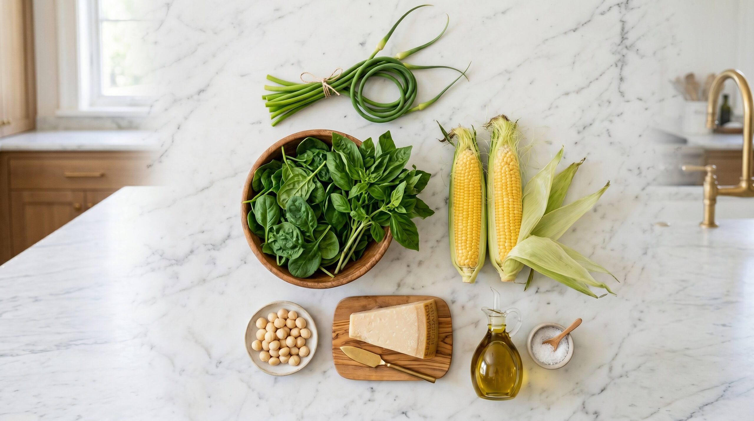 Garlic scapes, spinach, basil, macadamia nuts, and Parmesan beside ears of sweet corn