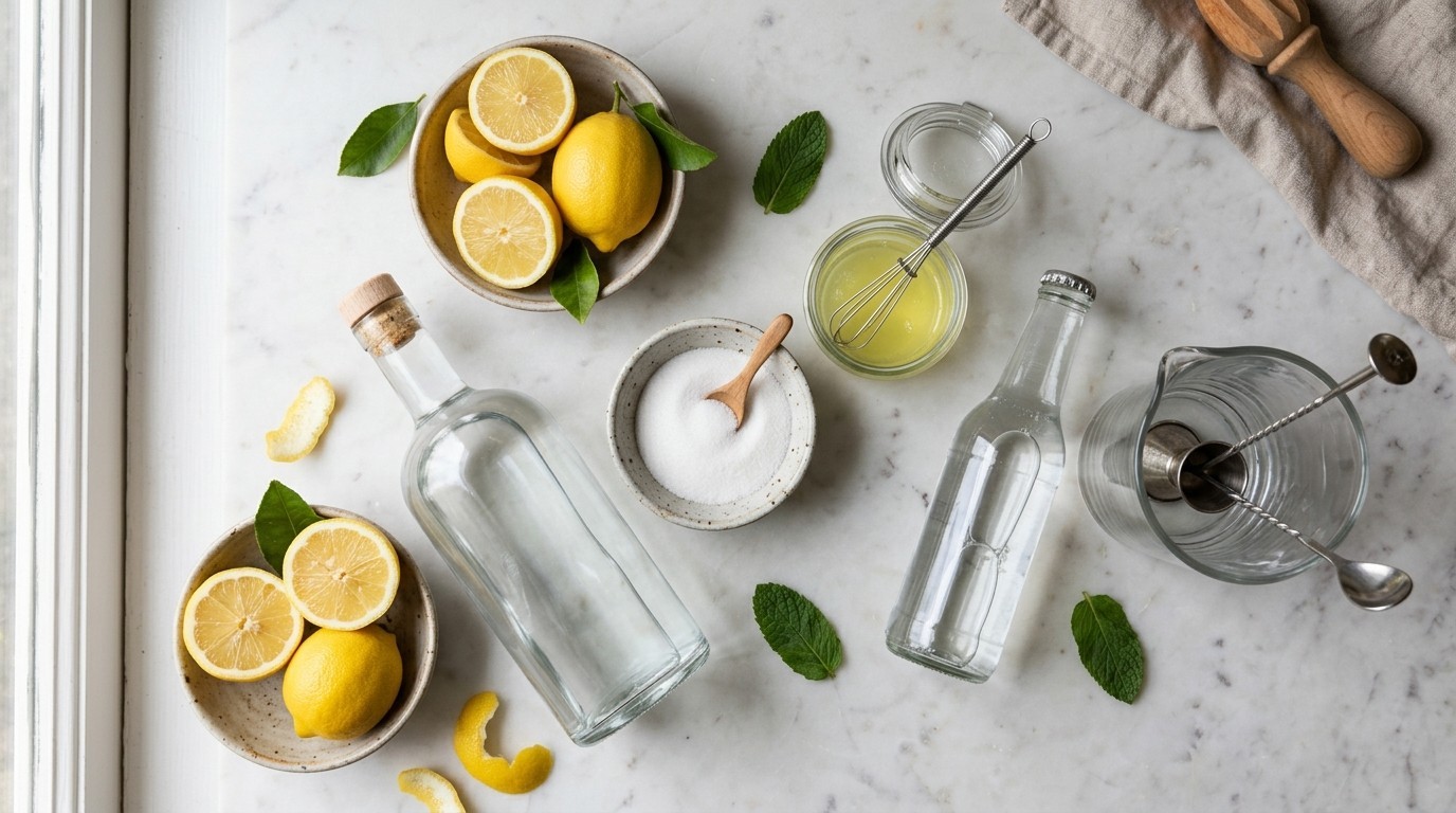 Gin Fizz ingredients on marble: a jigger of gin, halved fresh lemons, a citrus juicer, and a dish of superfine sugar