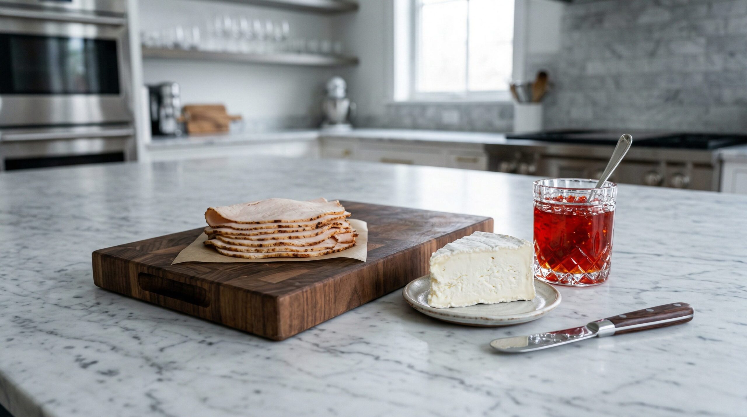 Softened goat cheese being marbled with red pepper jelly beside slices of roasted turkey