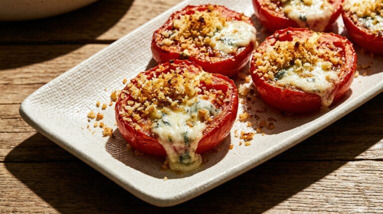 Stunning plated serving of Gorgonzola Stuffed Plum Tomatoes, a chef-tested recipe by Chef Jorj Morgan.