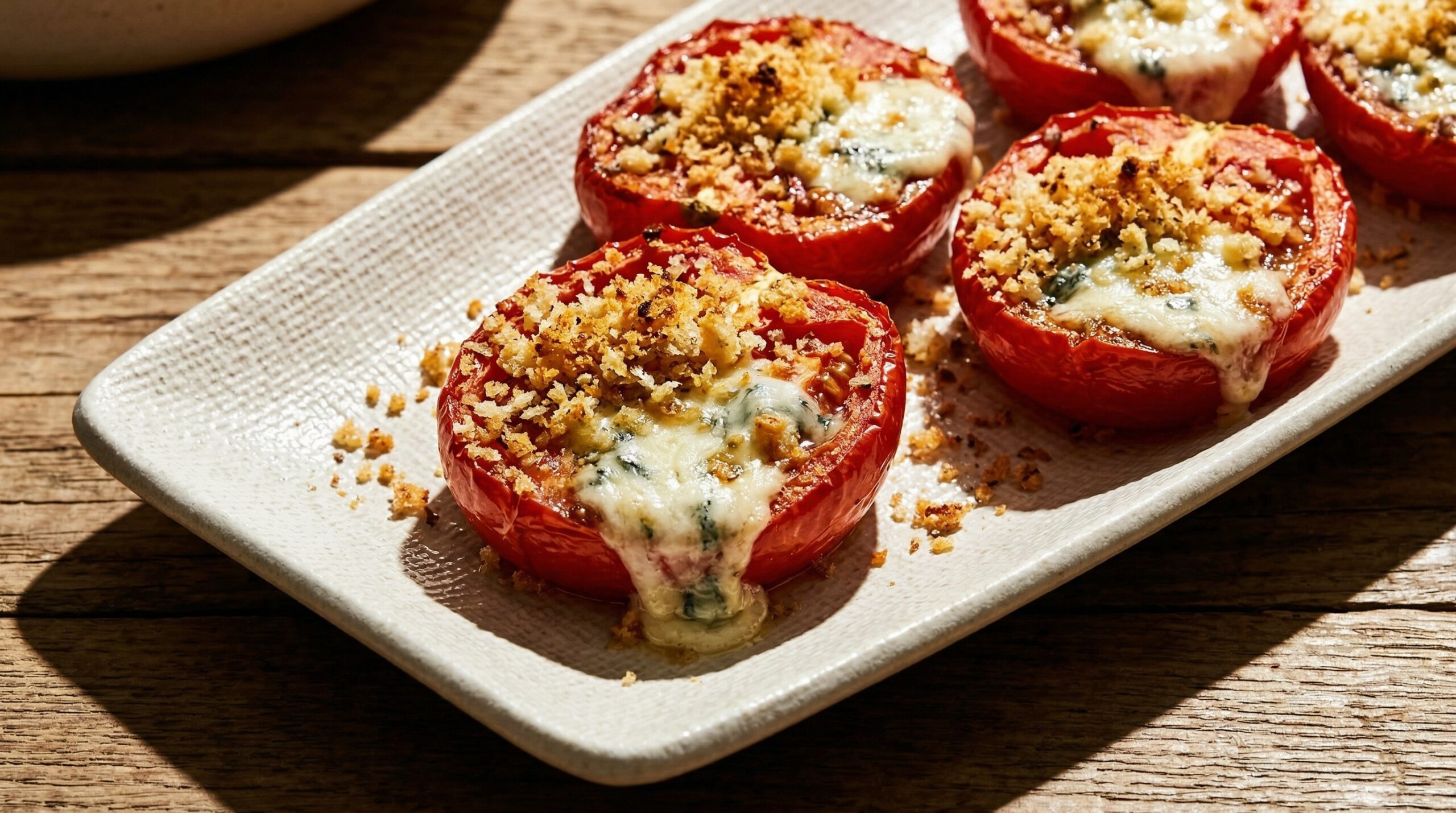 Stunning plated serving of Gorgonzola Stuffed Plum Tomatoes, a chef-tested recipe by Chef Jorj Morgan.