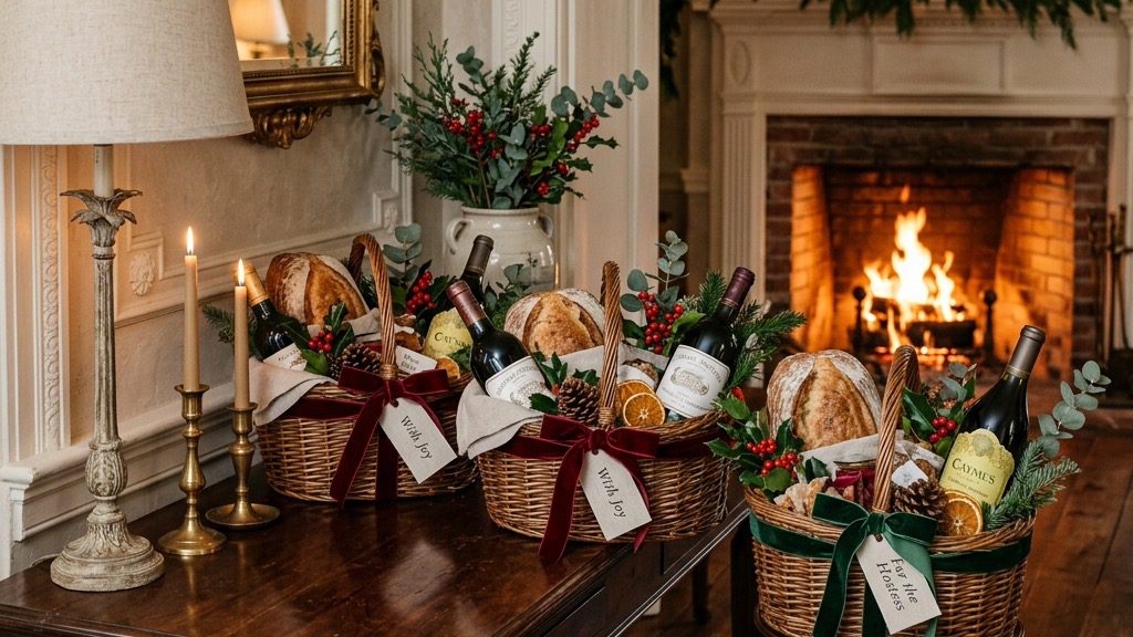 Elegant Estate entryway console table covered in hostess gift baskets with artisan loaves and fine wine by a crackling fireplace.