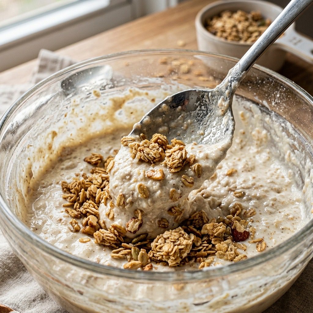 Extreme close-up action shot of a silver spoon folding crunchy oat granola clusters into thick waffle batter