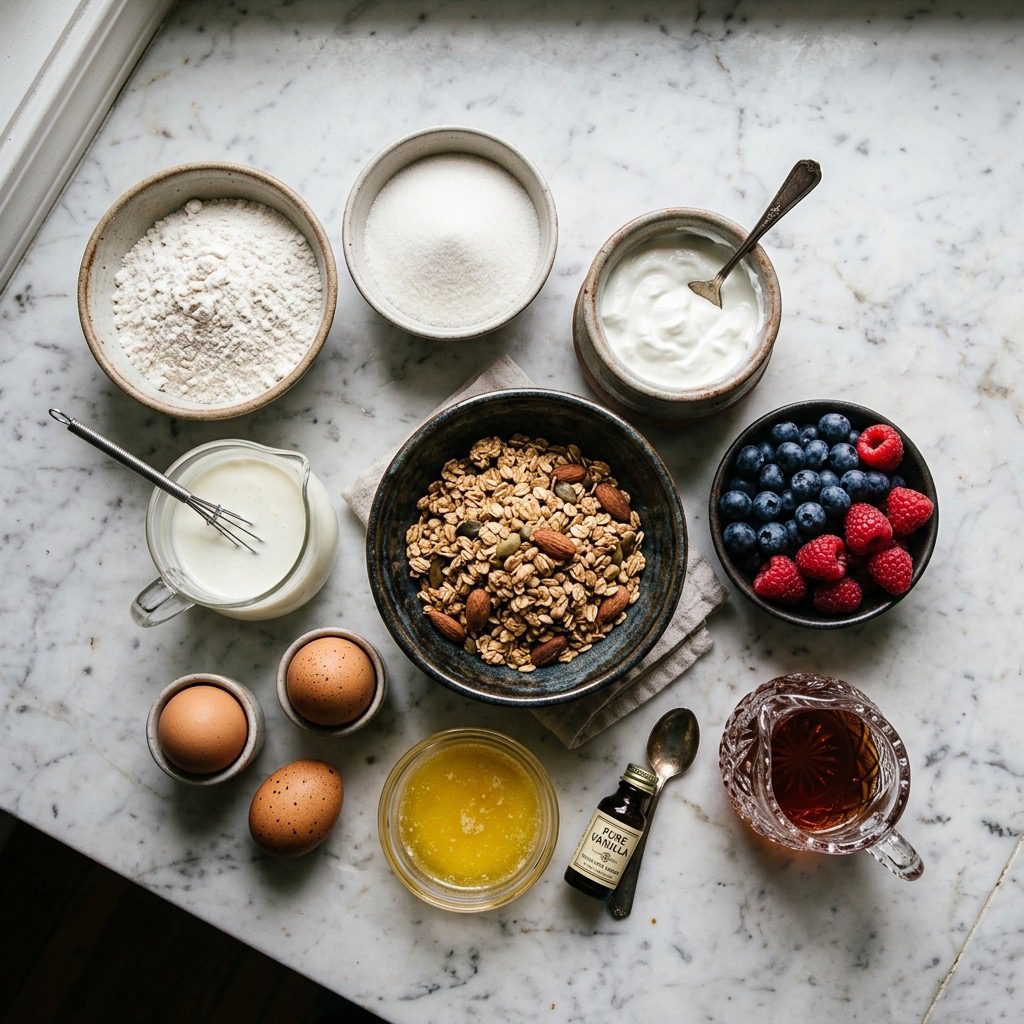 Overhead prep shot of flour, sugar, buttermilk, eggs, granola, yogurt, mixed berries, and maple syrup on marble