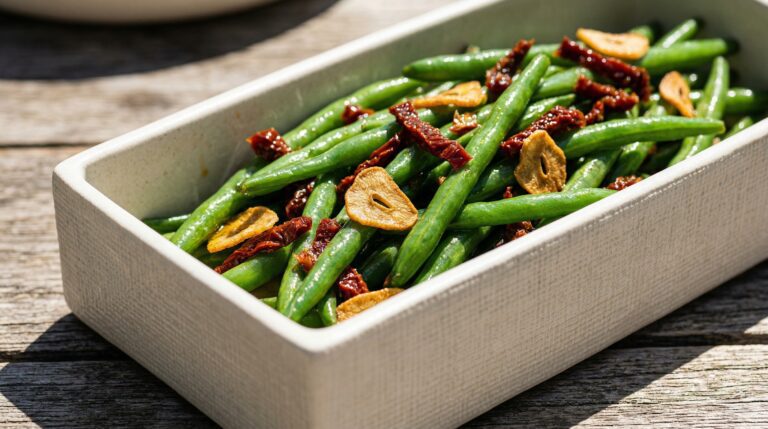 Stunning plated serving of Green Beans with Sliced Garlic & Sun-Dried Tomatoes, a chef-tested recipe by Chef Jorj Morgan.