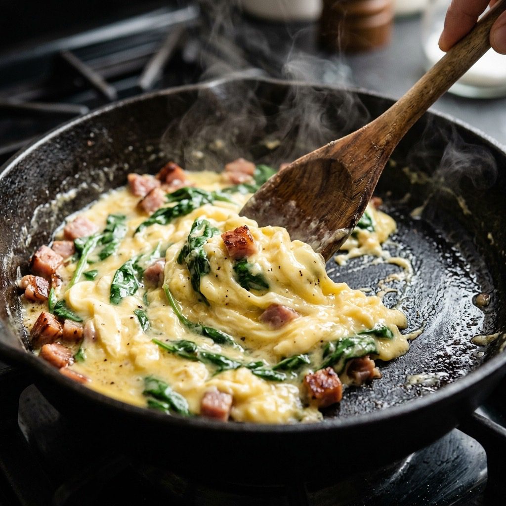 Extreme close-up of pale yellow eggs forming soft curds with spinach and ham in a skillet