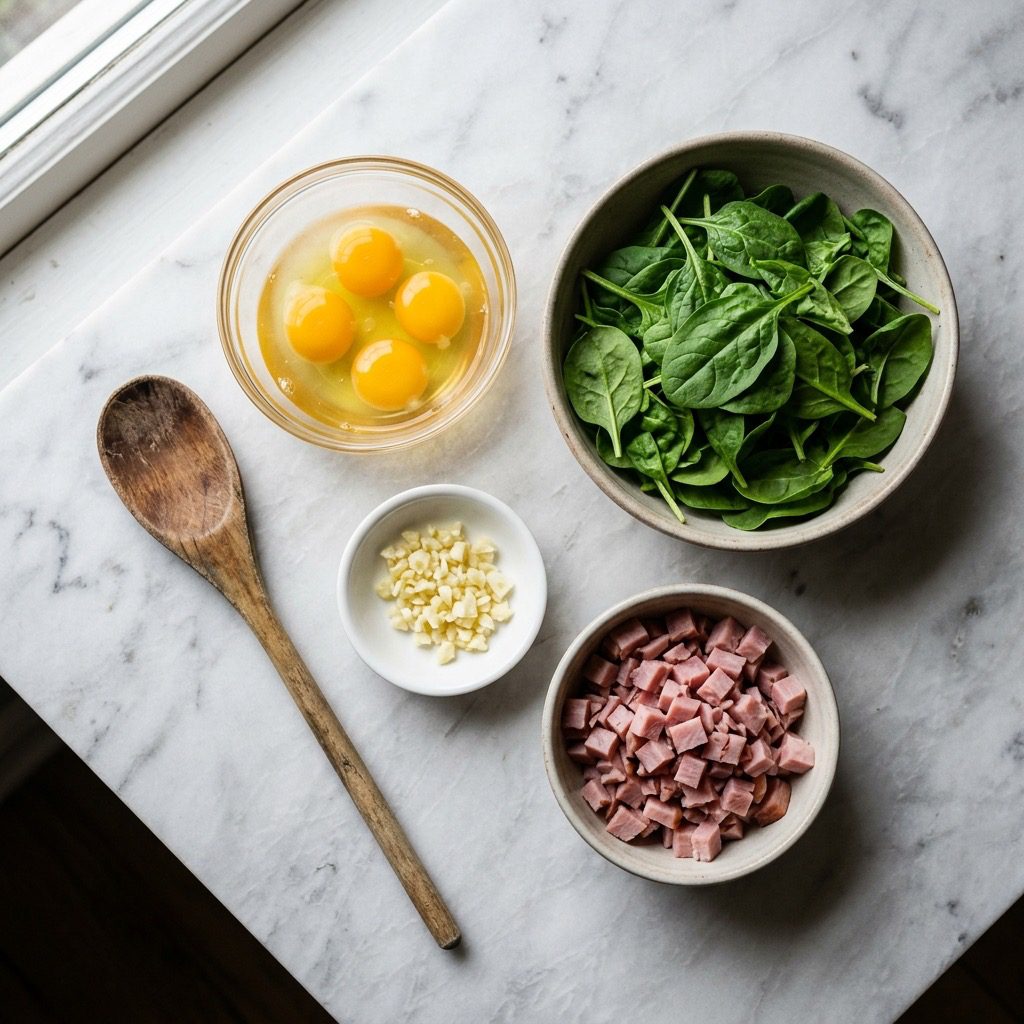 Overhead prep shot of glass bowl of eggs, fresh spinach, diced deli ham, and minced garlic on marble