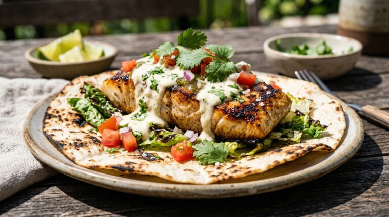Stunning plated serving of Grilled Coastal Fish Tacos, a chef-tested recipe by Chef Jorj Morgan.