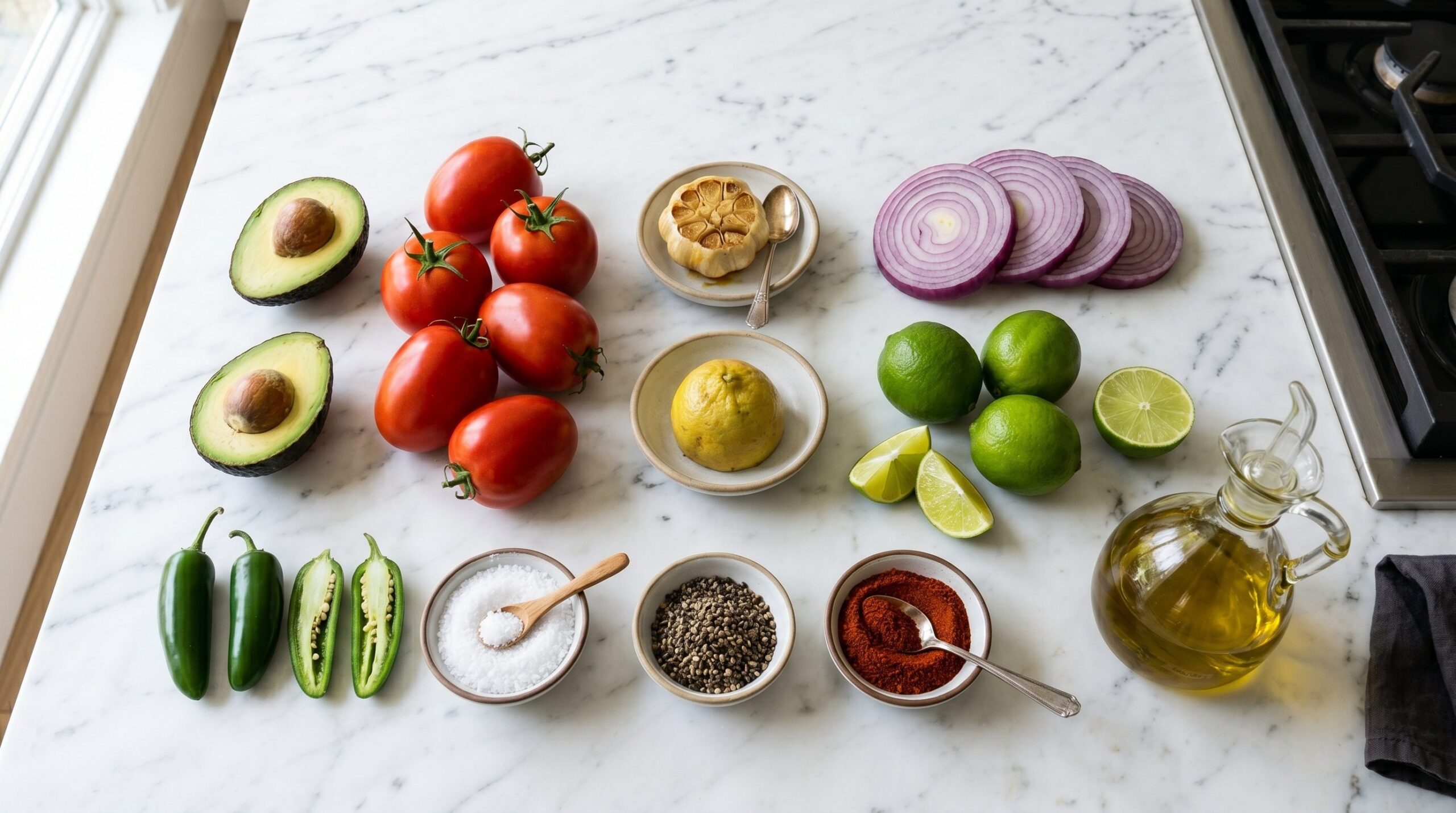 Avocados, plum tomatoes, red onion, jalapenos, limes, and a garlic bulb arranged for grilled guacamole
