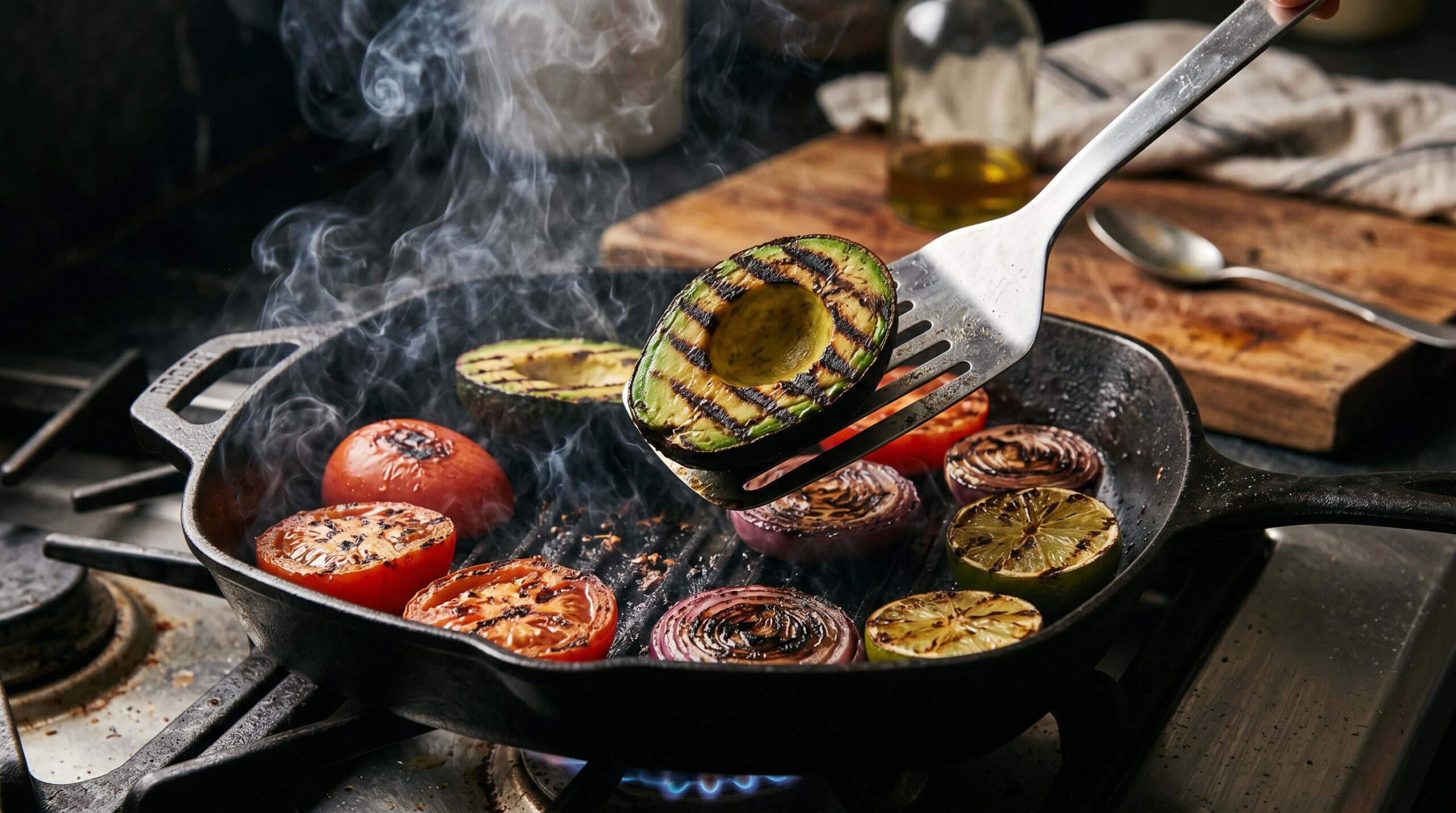 Avocado halves and vegetables charring cut-side down on a hot cast-iron grill pan