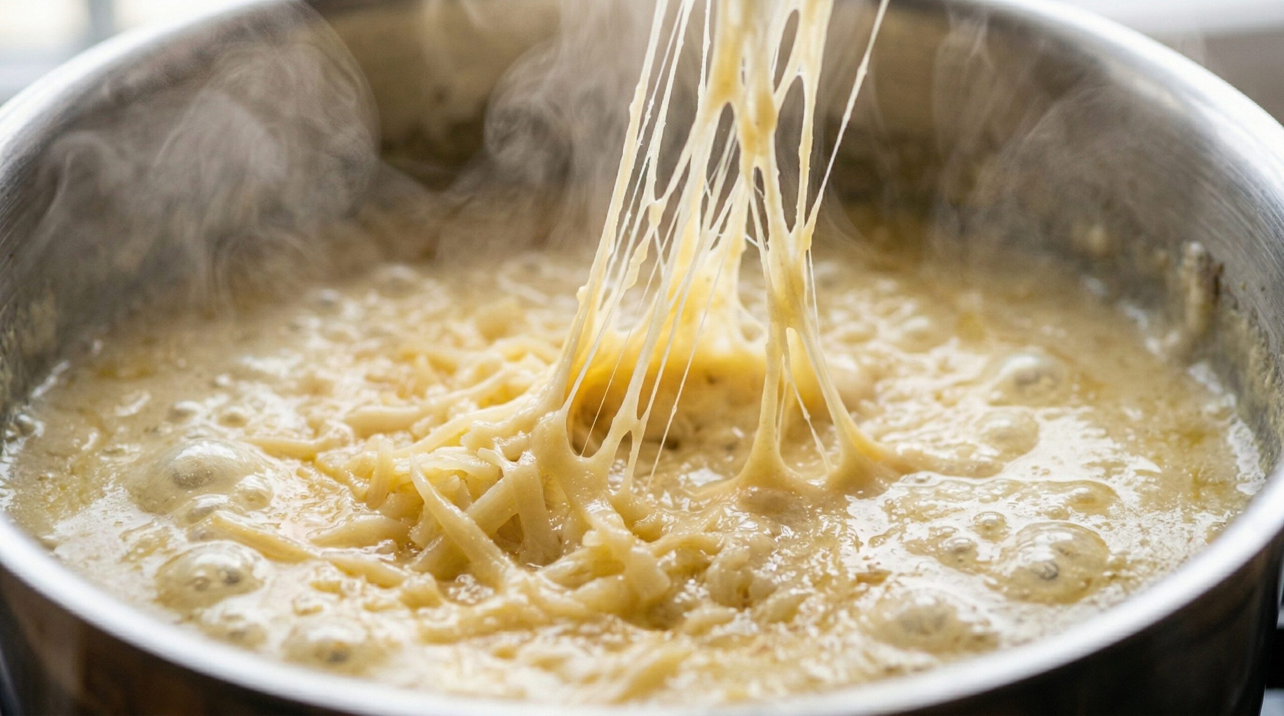 Grated Gruyere being whisked into a bechamel to make a glossy Mornay sauce