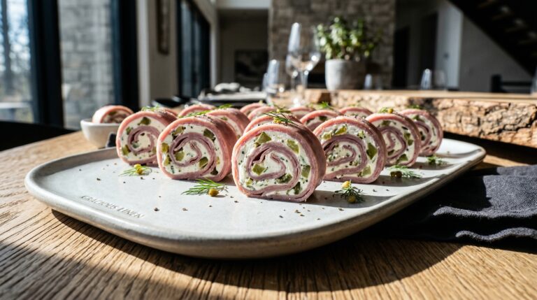 Stunning plated serving of Cream Cheese & Dill Pickle Ham Roll Ups, a chef-tested recipe by Chef Jorj Morgan.
