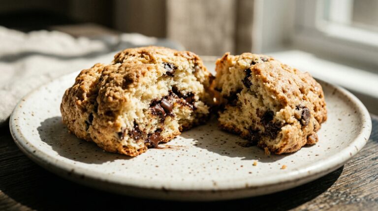 Stunning plated serving of Heavy Cream & Chocolate Chip Scones, a chef-tested recipe by Chef Jorj Morgan.