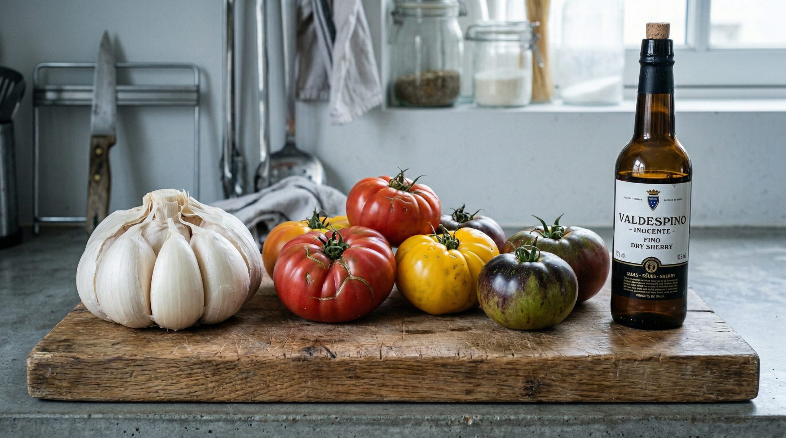 Ripe heirloom tomatoes and sliced elephant garlic arranged for tomato soup