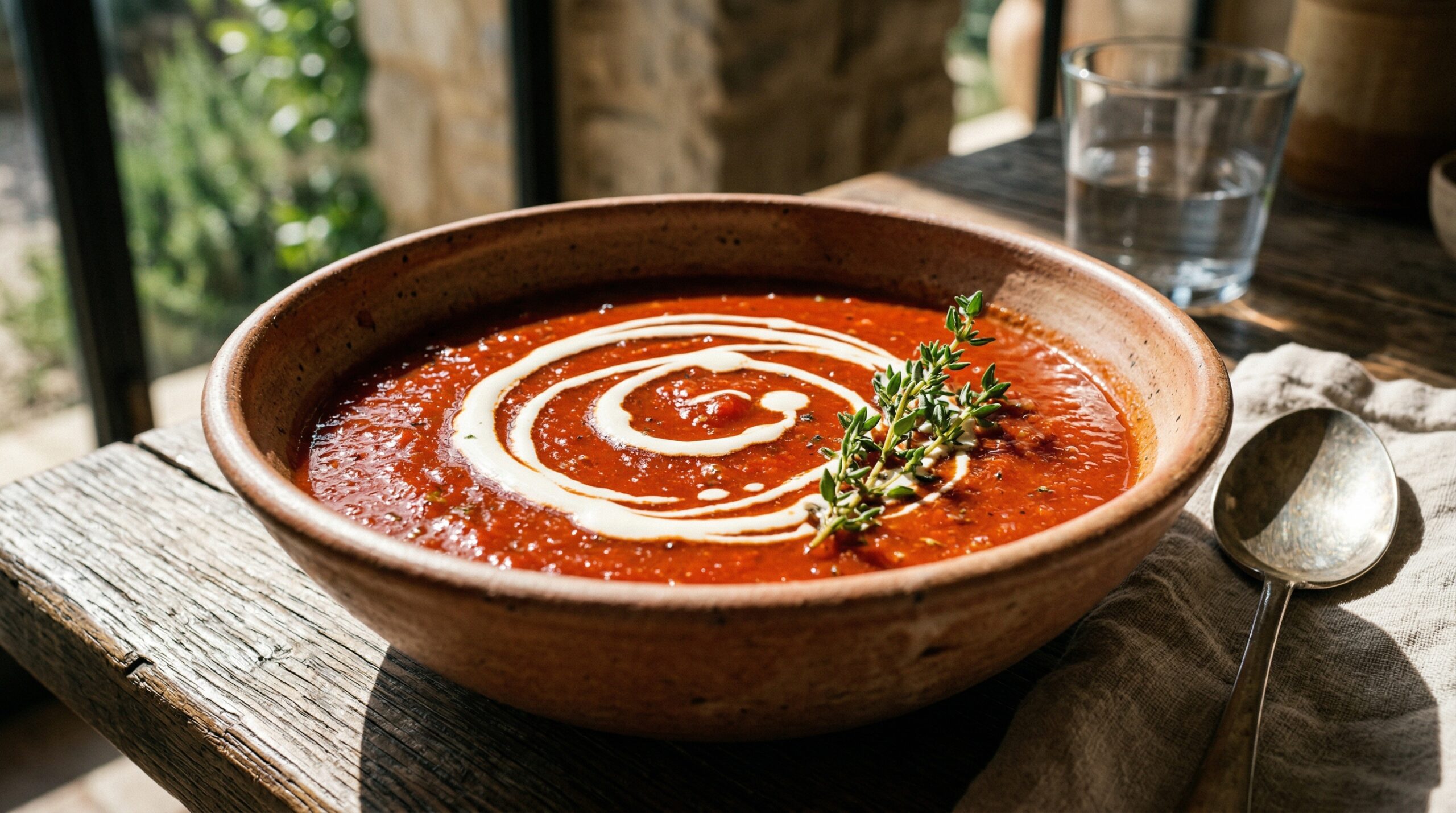 Stunning plated serving of Heirloom Tomato Soup, a chef-tested recipe by Chef Jorj Morgan.