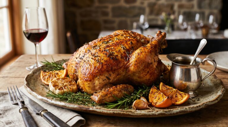 Stunning plated serving of Herb Roasted Whole Chicken, a chef-tested recipe by Chef Jorj Morgan.