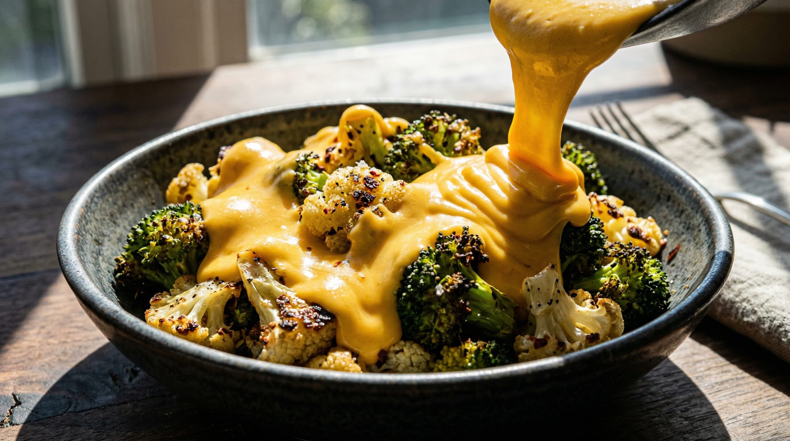 Stunning plated serving of Homemade Cheddar Cheese Sauce, a chef-tested recipe by Chef Jorj Morgan.