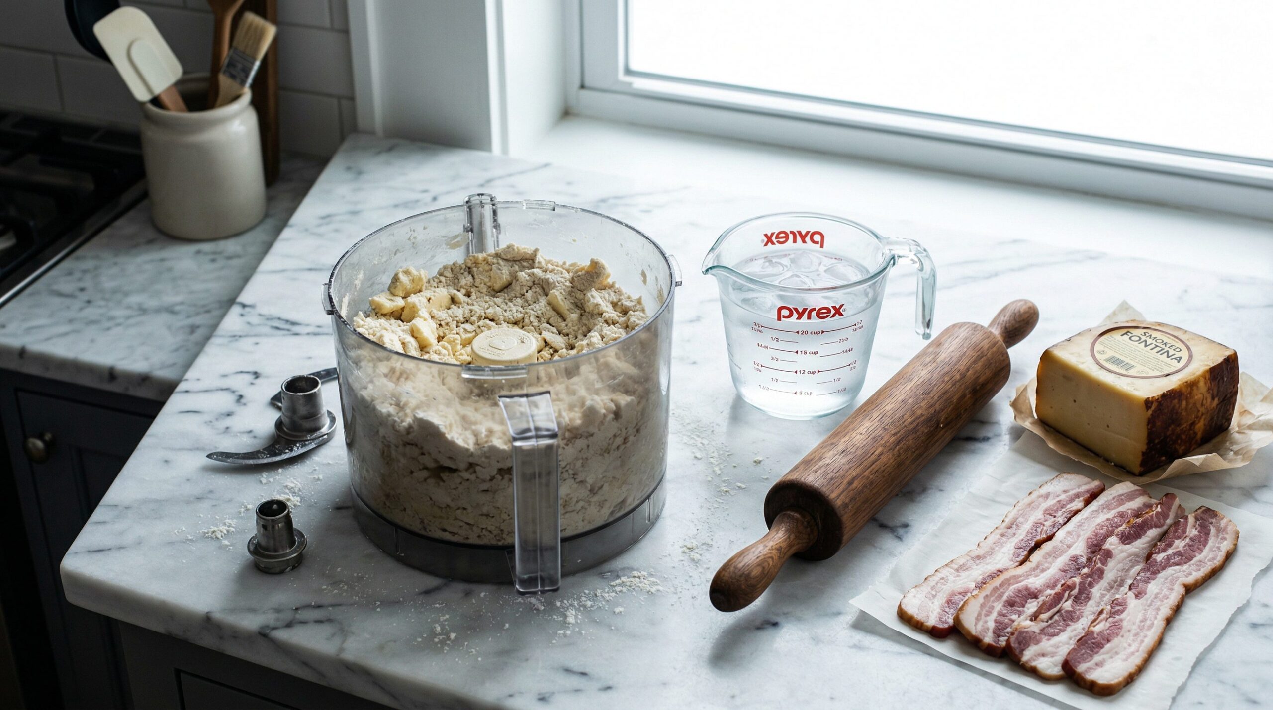 Cold cubed butter being cut into flour in a food processor to make homemade tart pastry