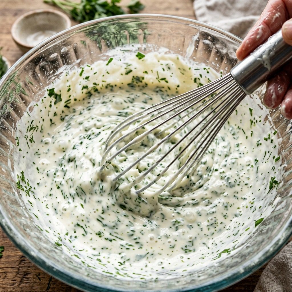 Extreme close-up action shot whisking thick mayonnaise, buttermilk, and fresh green herbs together in a heavy glass bowl