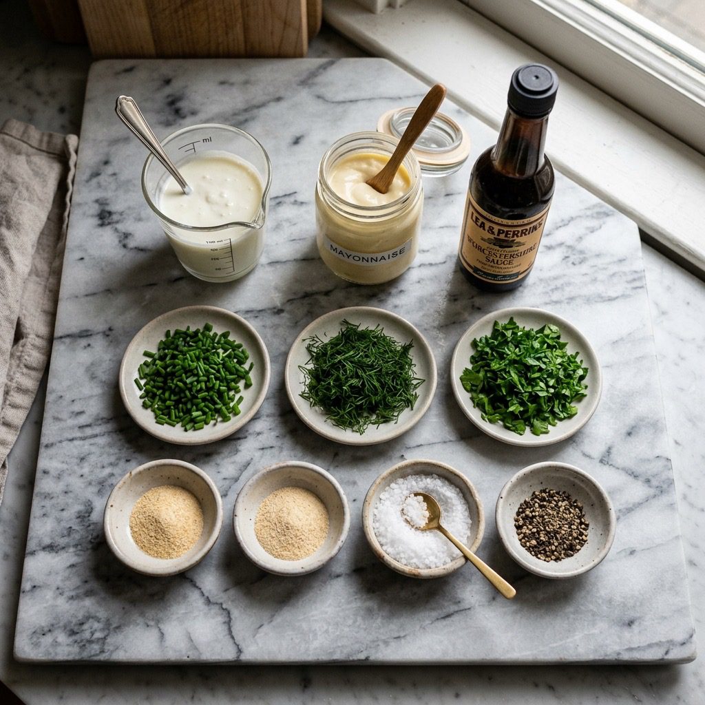Overhead prep shot of buttermilk, mayonnaise, Worcestershire sauce, chives, dill, parsley, onion powder, garlic powder, salt, and black pepper