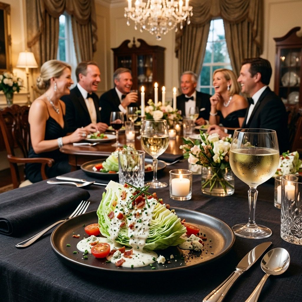 An elegant, formal dinner table setting featuring a structural wedge salad drizzled with Homemade Ranch Dressing, with a dinner party in the background