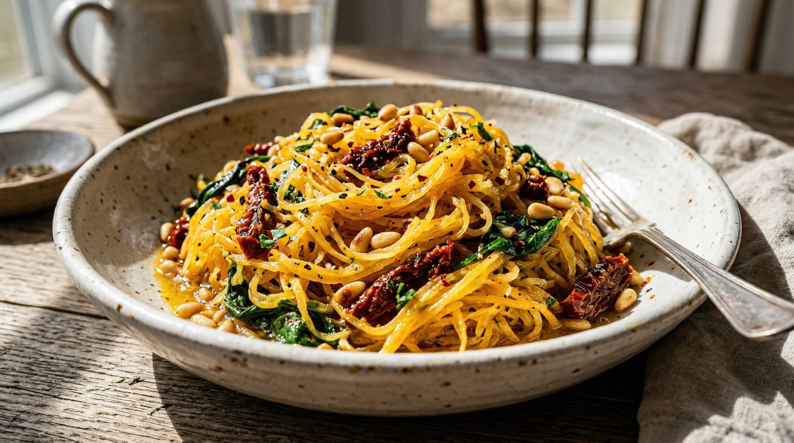 Stunning plated serving of Honey Roasted Spaghetti Squash, a chef-tested recipe by Chef Jorj Morgan.
