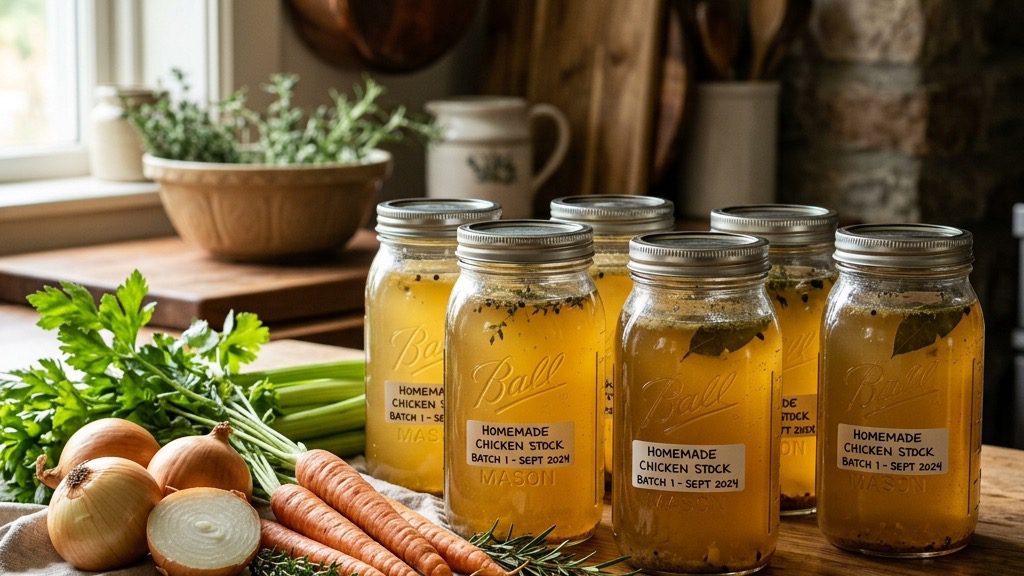 Large glass mason jars securely filled with beautiful golden homemade chicken stock and fresh rustic vegetables.