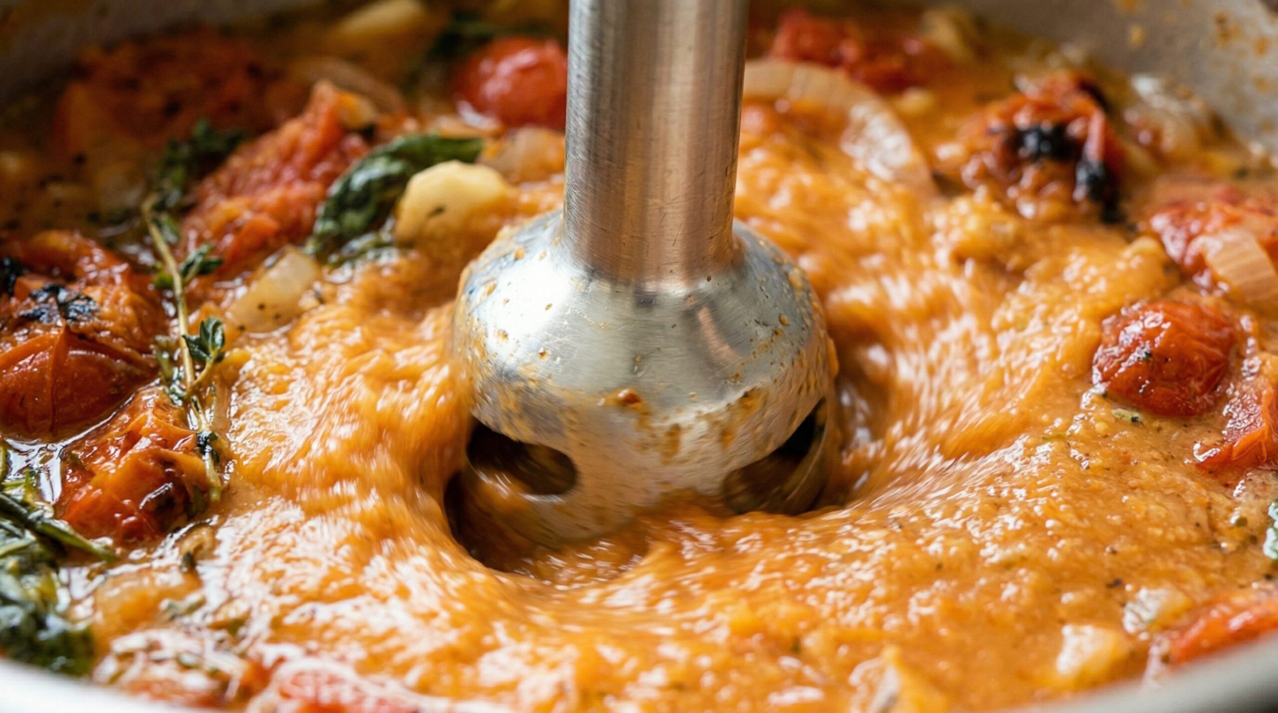 An immersion blender blending heirloom tomato soup to a velvety texture