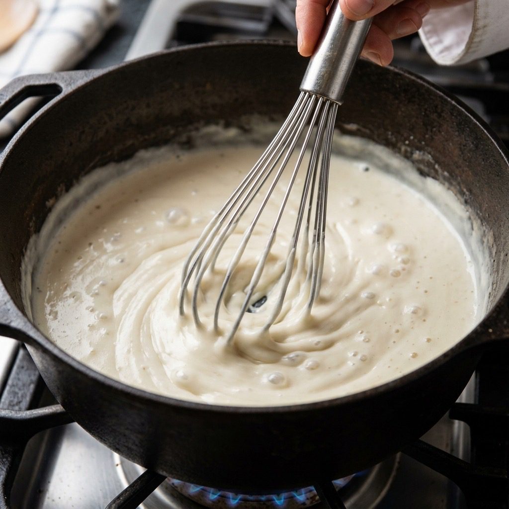 Extreme close-up action shot of a silver whisk swirling into a heavy pot of thick, creamy white béchamel sauce