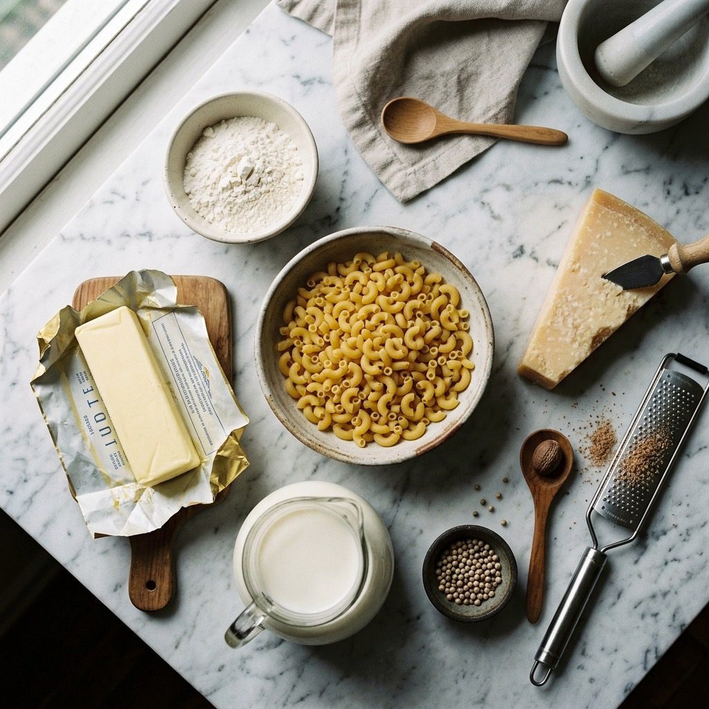 Overhead prep shot of dried elbow macaroni, butter, flour, whole milk, Parmesan cheese wedges, and a whole nutmeg seed on marble