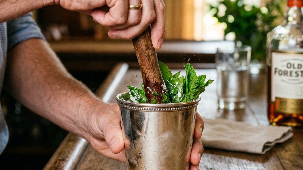 Hands gently muddling fresh mint and sugar in a silver julep cup before the bourbon is added