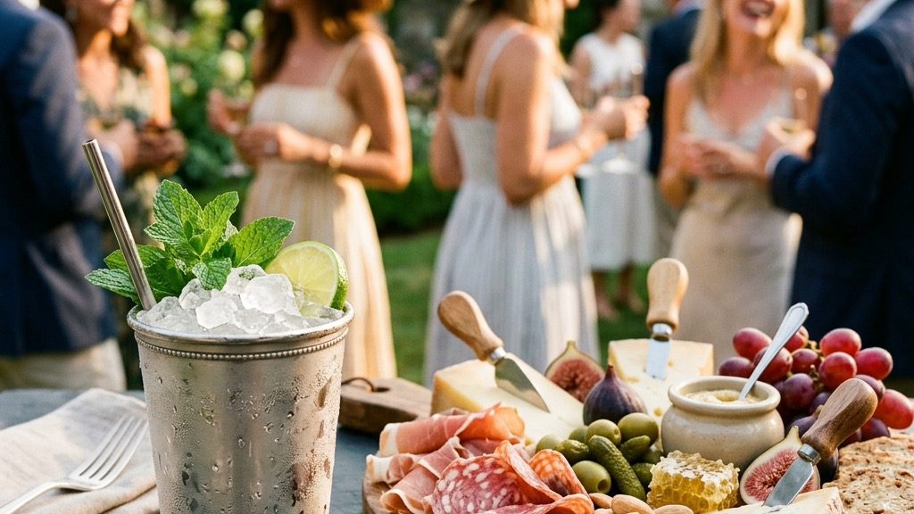 Frosty silver julep cups crowned with mint sprigs on linen coasters at a festive Derby-day gathering