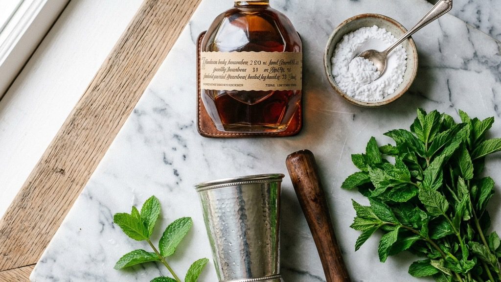 Mint Julep ingredients on marble: a bottle of bourbon, fresh mint, powdered sugar, crushed ice, and a wooden muddler