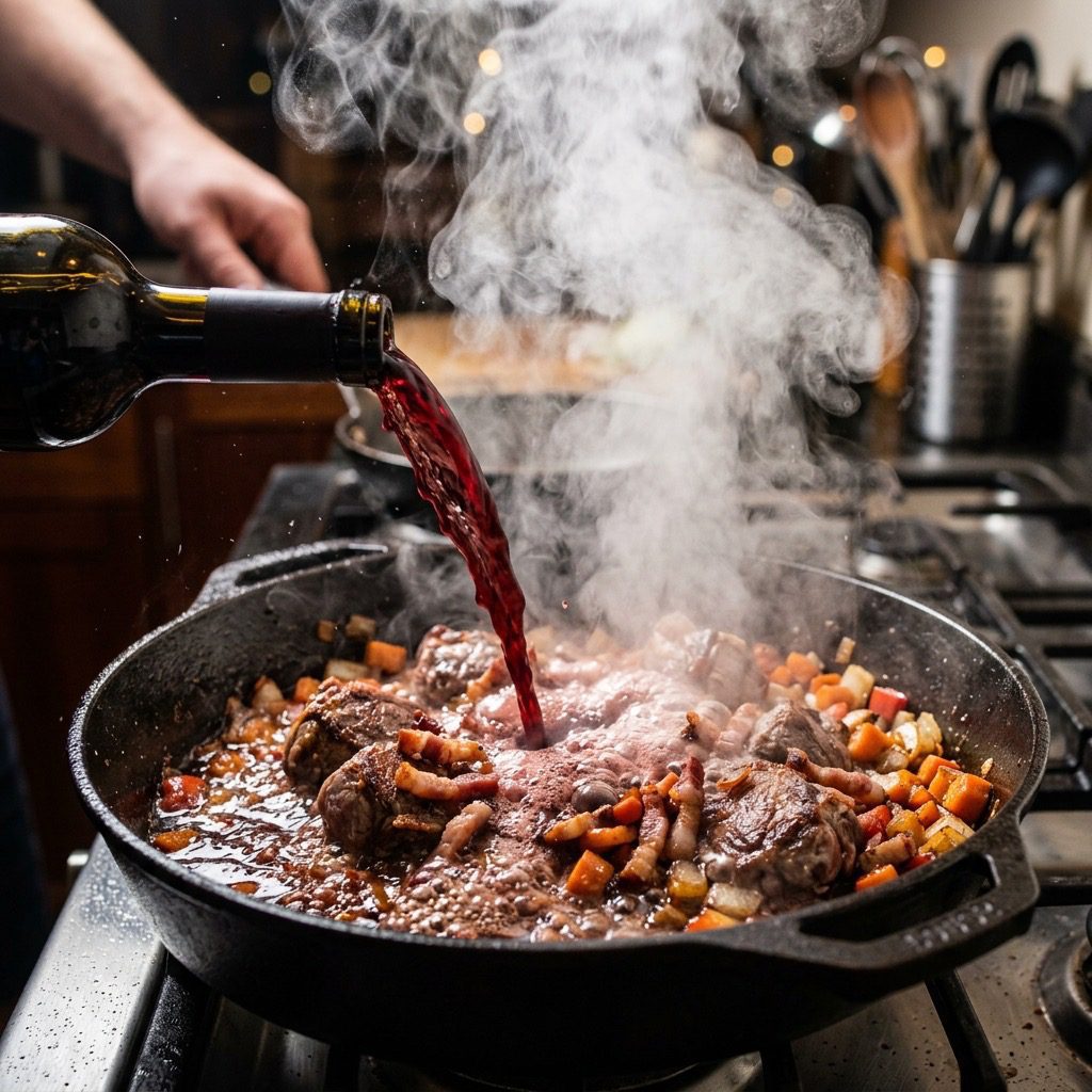 Extreme close-up action shot violently deglazing a pot of seared lamb, bacon, and caramelized vegetables with a heavy splash of red wine