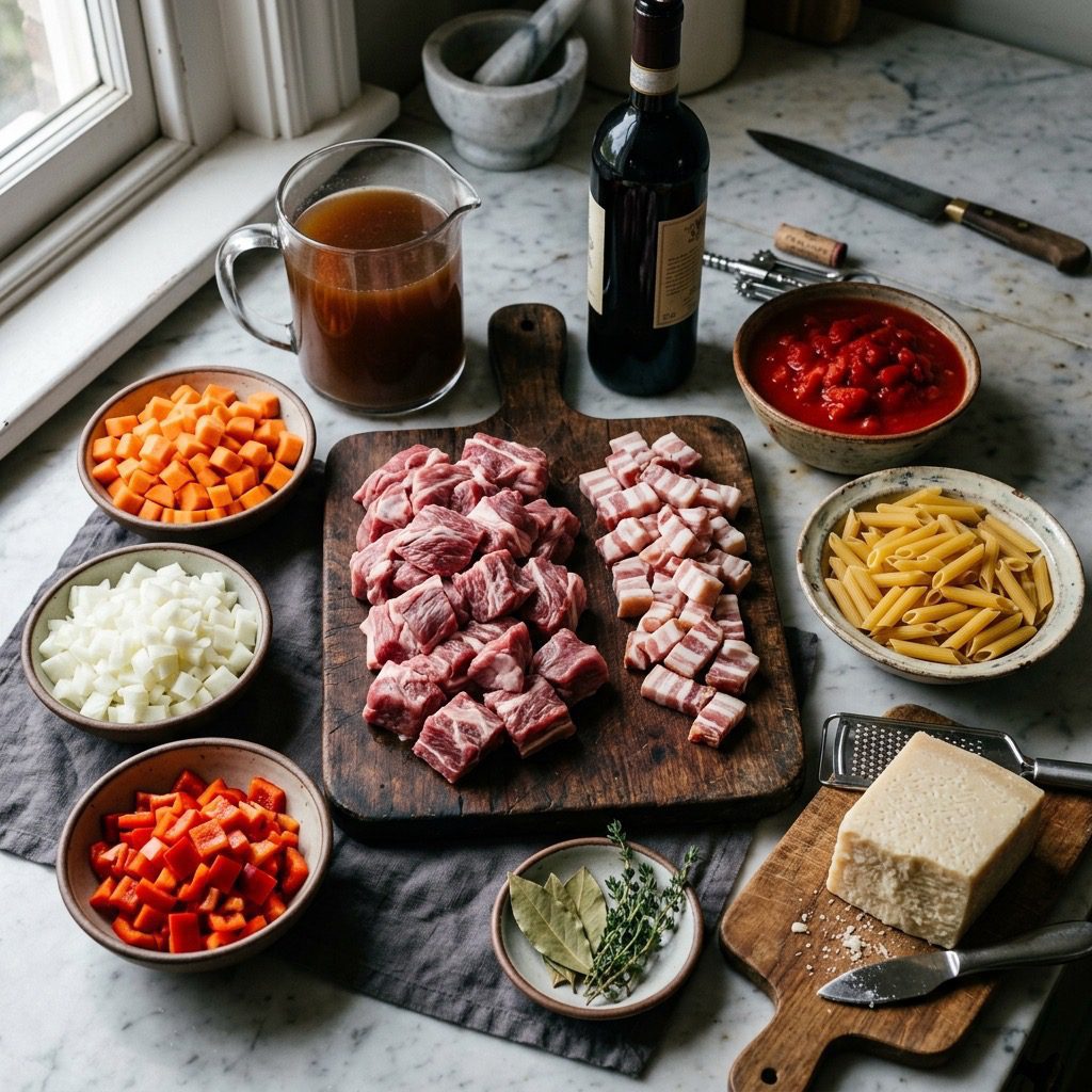 Overhead prep shot of boneless lamb shoulder, bacon, diced carrots, onion, red bell pepper, red wine, beef stock, diced tomatoes, bay leaves, penne rigate, and Pecorino Romano cheese