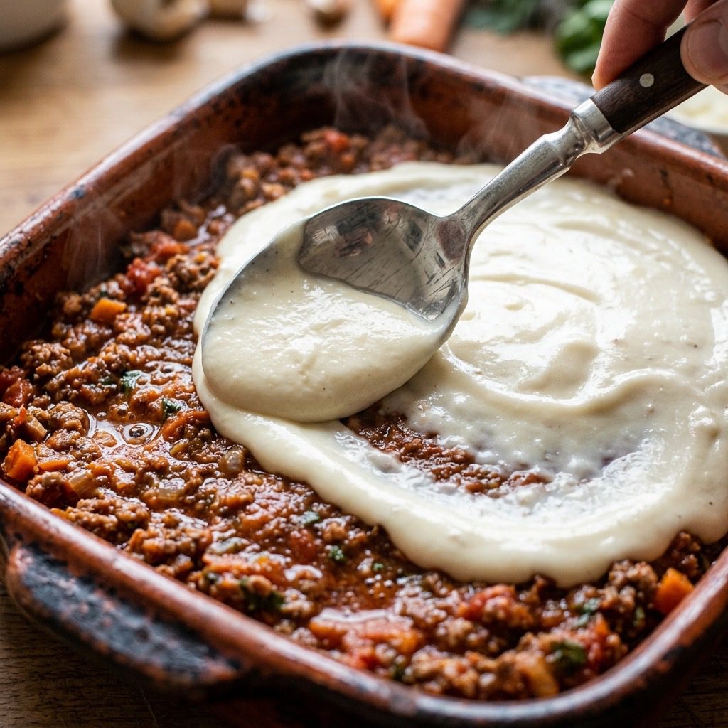 Extreme close-up action shot spreading creamy white béchamel sauce over a layer of dark meat Bolognese inside a deep ceramic baking dish