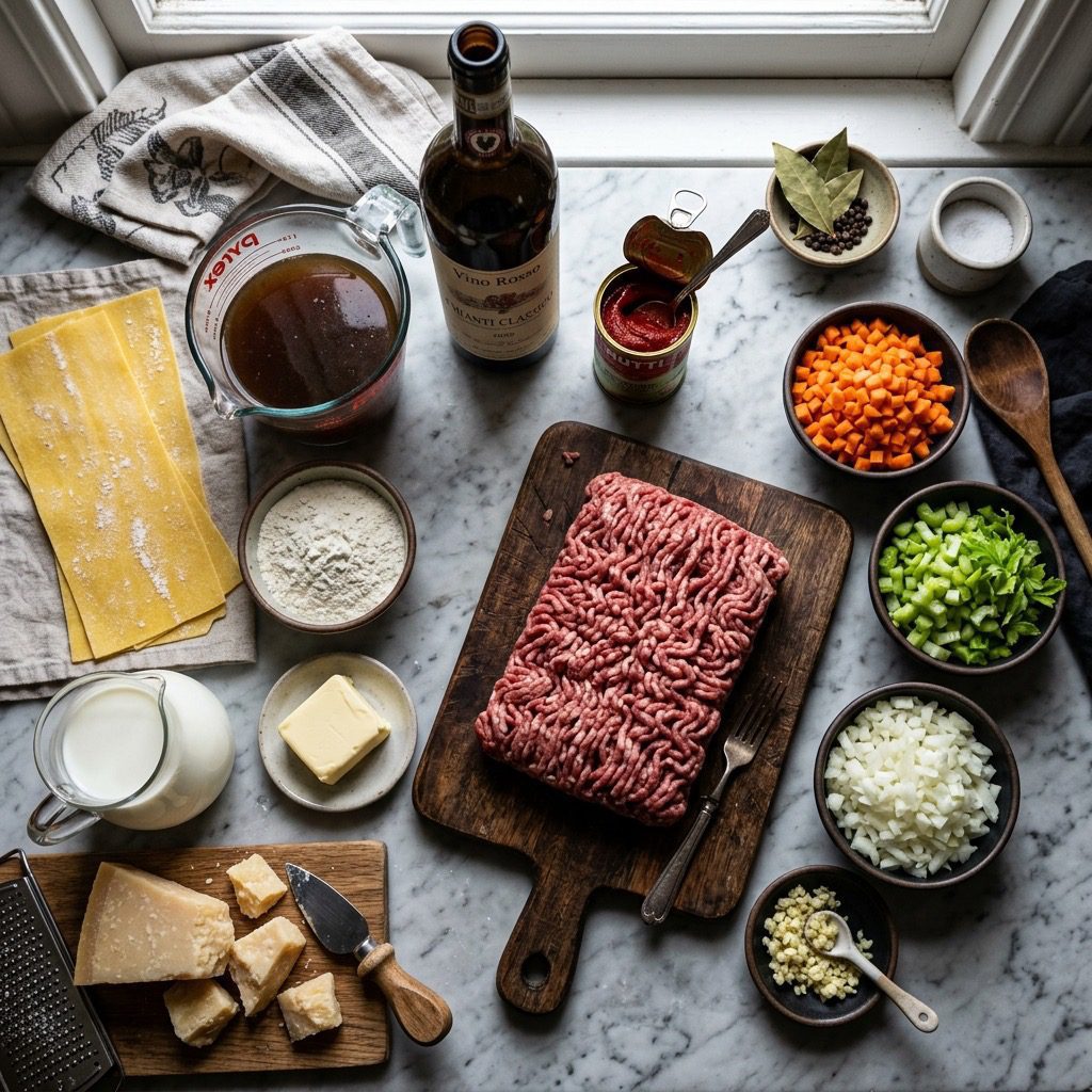 Overhead prep shot of raw ground beef, diced carrots, celery, onion, garlic, red wine, tomato paste, beef stock, fresh lasagna sheets, butter, flour, milk, and Parmesan