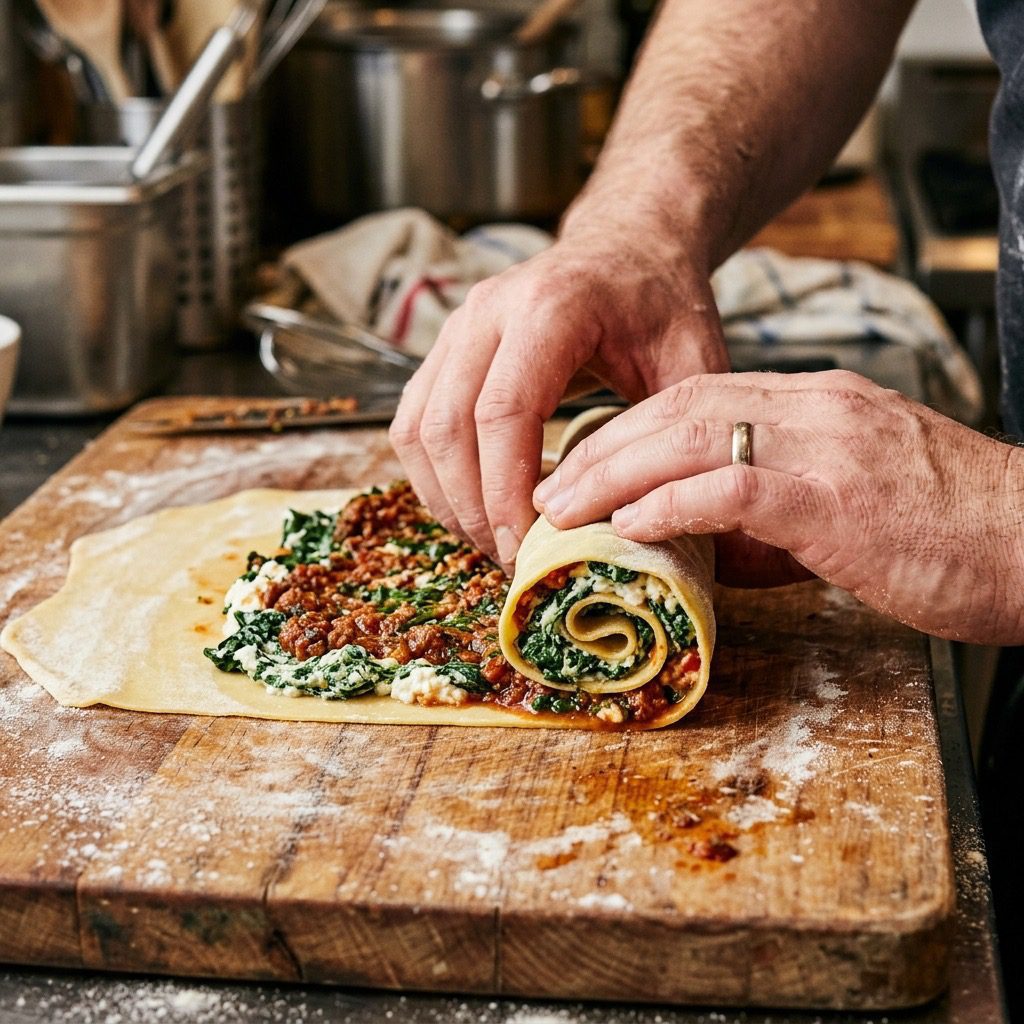 Extreme close-up action shot rolling a sheet of fresh pasta around a filling of spinach, ricotta, and meat sauce