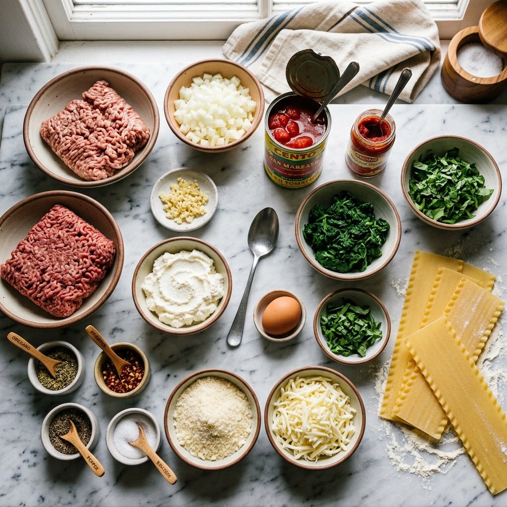 Overhead prep shot of raw Italian sausage, ground beef, onion, garlic, tomatoes, spinach, ricotta, fresh basil, wide lasagna noodles, Parmesan, mozzarella, and spices
