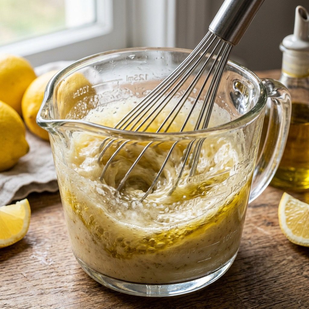 Extreme close-up action shot whisking olive oil into white balsamic vinegar and lemon juice to create an emulsion